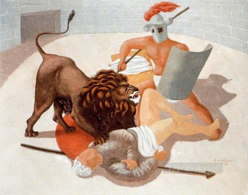 150の主題の芸術作品 Painting - 剣闘士とライオン 1927 ジョルジョ・デ・キリコ シュルレアリスム